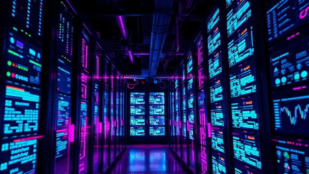 Professional technical server room with glowing cyan and vio